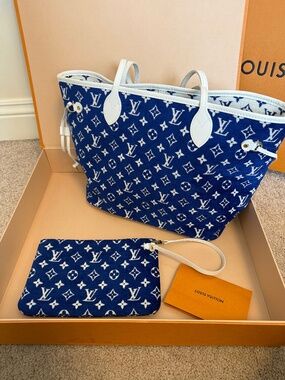 Louis Vuitton Neverfull MM Blue Monogram Jacquard Tote w/ Pouch + Receipt